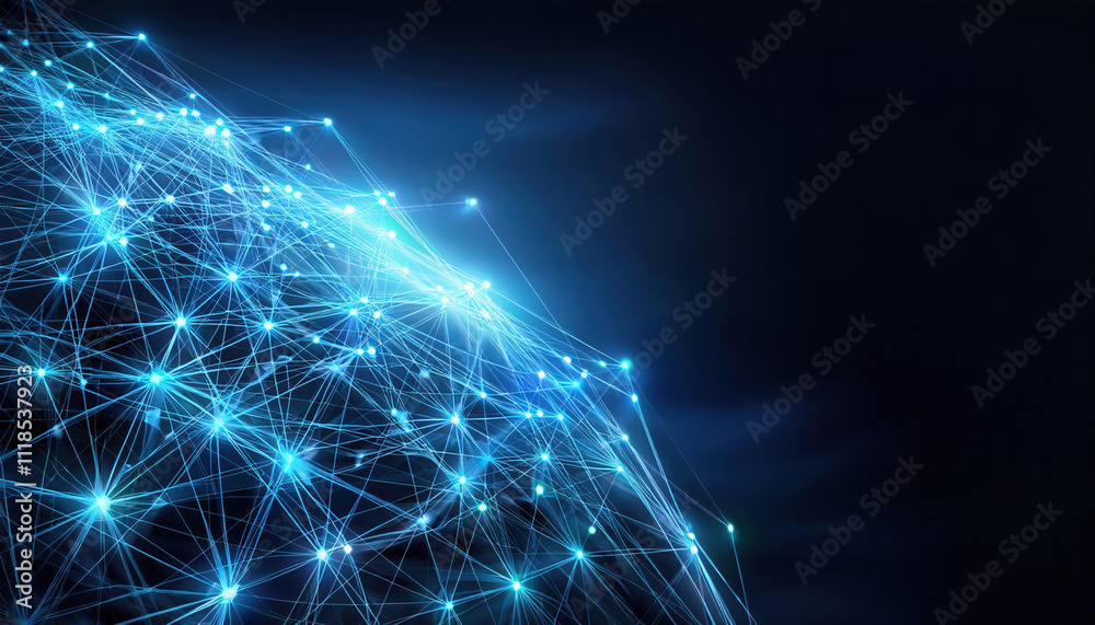 Poster digital mesh structure with glowing blue lines and dots on dark background, creating abstract networ
