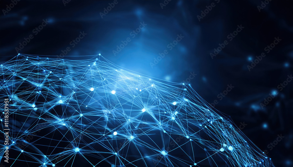Poster digital mesh structure with glowing blue lines and dots on dark background, creating abstract networ