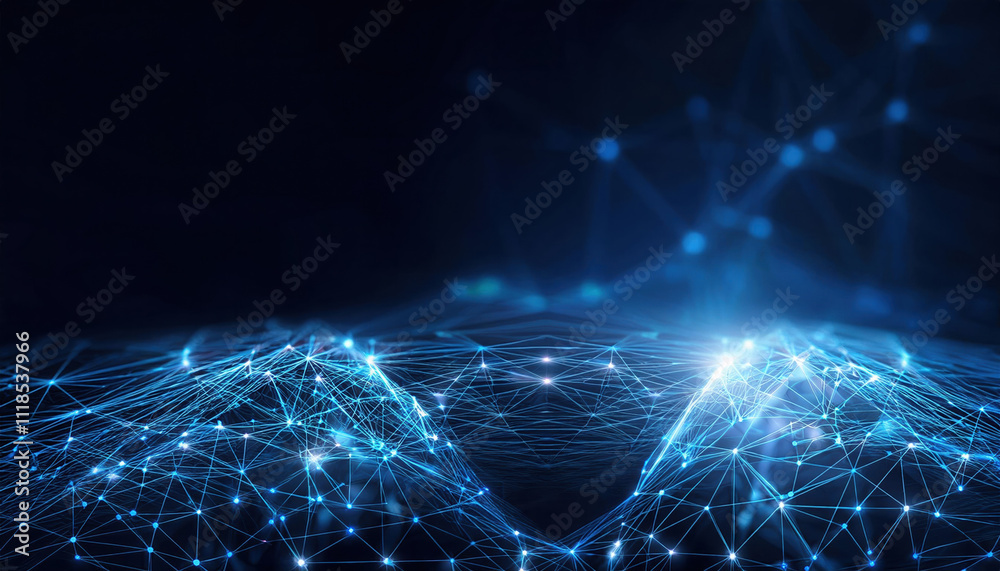Poster digital mesh structure with glowing blue lines and dots on dark background, creating abstract networ