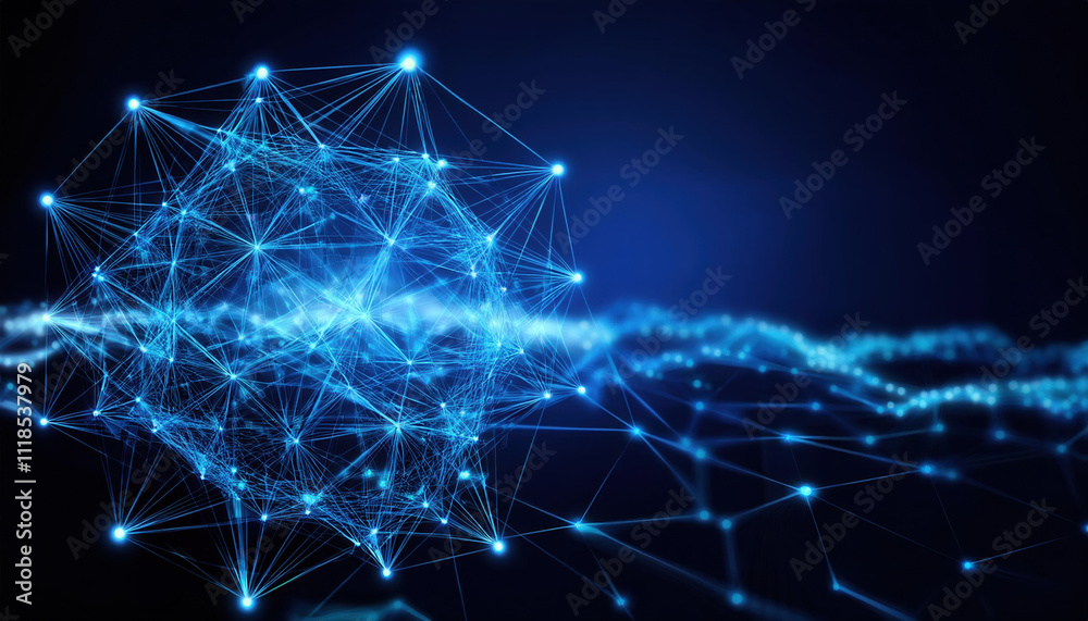 Poster digital mesh structure with glowing blue lines and dots on dark background, creating abstract networ