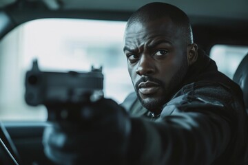 Man aiming handgun, vehicle interior, serious expression.