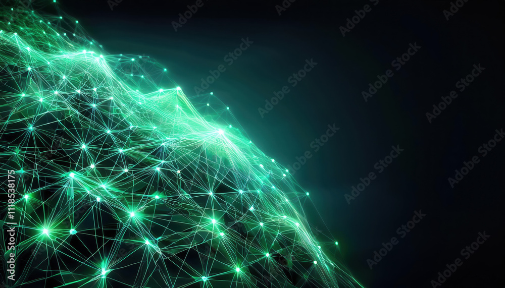 Poster digital mesh structure with glowing green lines and dots on dark background, creating abstract netwo