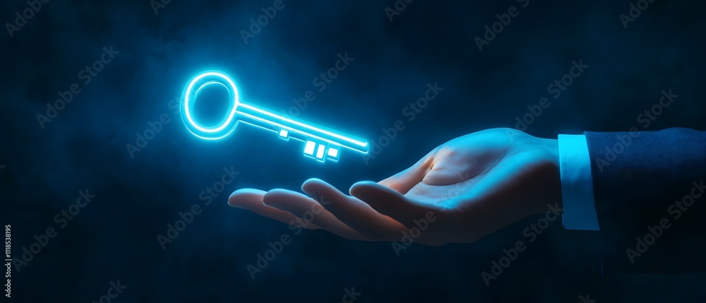 Poster futuristic hand holding a glowing neon key symbolizing unlocking potential and opportunities in digi
