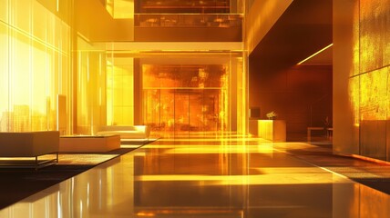 A modern, illuminated lobby with warm golden tones, featuring sleek furniture and a polished floor, creating an inviting and luxurious atmosphere.