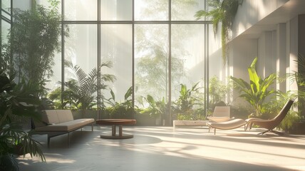 A serene indoor space filled with lush greenery, featuring modern furniture and large windows that allow soft, natural light to fill the room.
