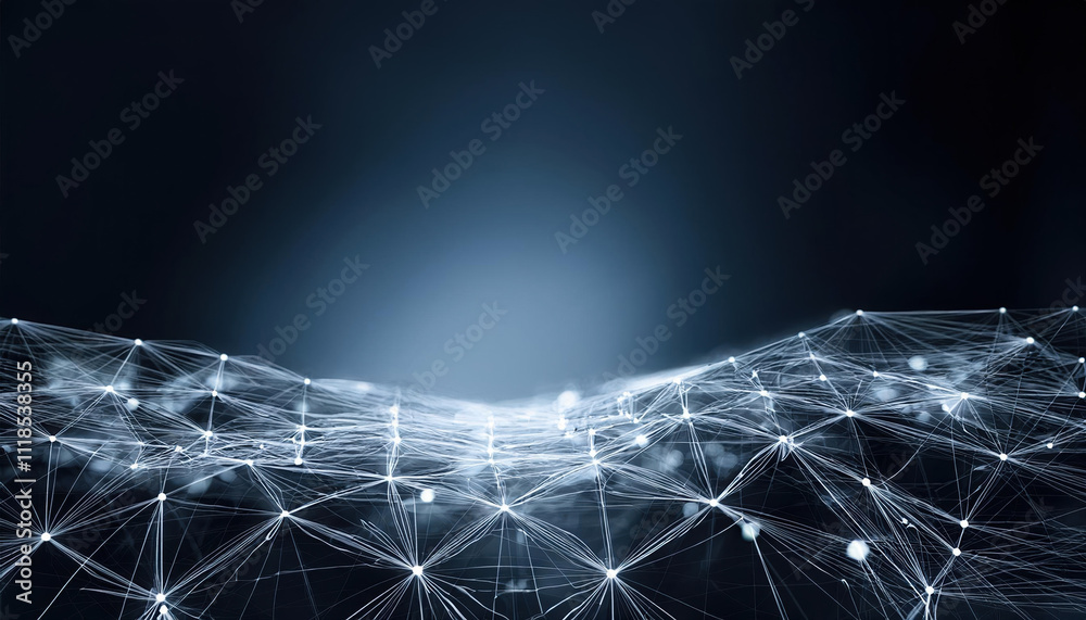 Poster abstract network of glowing silver lines and dots forming digital mesh structure on dark background,