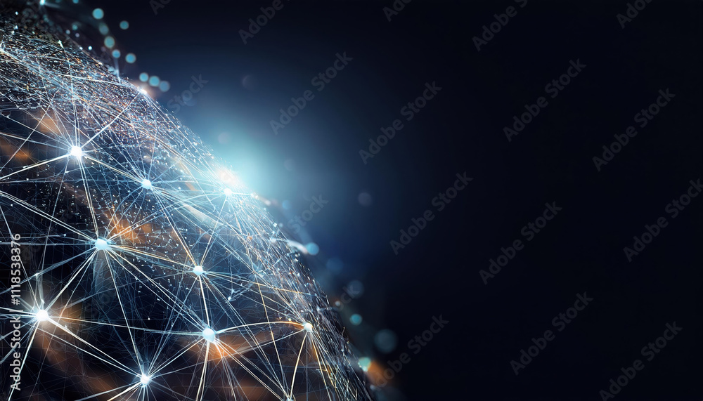 Poster digital mesh structure with glowing lines and dots on dark background