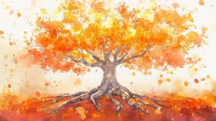 A vibrant watercolor artwork depicting a large tree with fiery orange foliage, surrounded by warm autumn colors and a textured background.
