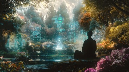A serene figure meditates in a lush, colorful landscape, surrounded by vibrant flora and ethereal, glowing structures in the background.