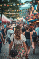 Obraz premium Young woman wearing a floral wreath enjoying Oktoberfest festival, surrounded by a lively crowd and festive decorations.