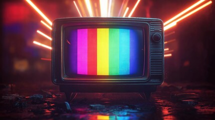 Vibrant glitchy rainbow display on vintage television creates dynamic visual effects