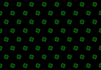 green spirals on a black background. Background image.
Identical circular patterns are arranged in rows across the entire design on a black background.