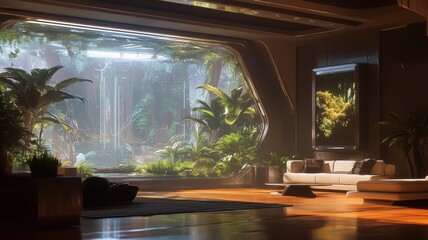 A modern living room with large windows showcasing lush greenery, blending nature with elegant interior design.
