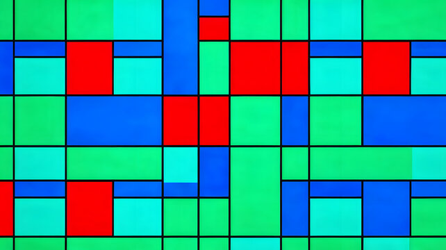 Einfacher Abstrakter geometrischer Hintergrund mit abgegrenzten Quadraten und Rechtecken in den leuchtenden Farben rot gr&uuml;n und Blau