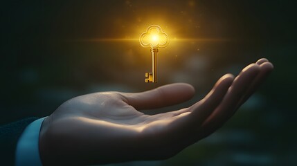 Person's Hand Holding a Glowing Golden Key Against a Dim Background, Symbolizing Unlocking Opportunities and Financial Success in Life