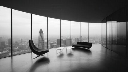 A modern, minimalist room with panoramic windows offering a city view, featuring elegant furniture in a sleek, black-and-white design.
