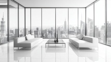A modern, minimalist living room featuring large glass windows with a city skyline view, sleek furniture, and a bright, airy atmosphere.