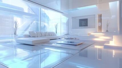 A modern, bright living room featuring large windows, sleek furniture, and a minimalist design, creating an open and airy atmosphere.