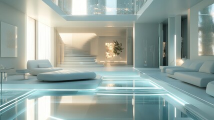 A sleek, modern interior featuring minimalistic design, large glass windows, a pool, and ambient lighting, creating a serene and luxurious atmosphere.