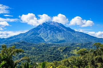 Fototapeta premium Lush green jungle, majestic volcano, vibrant blue sky.
