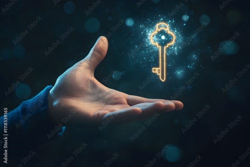 Poster glowing key illuminating from open hand symbolizing opportunity, potential, and new beginnings in a 