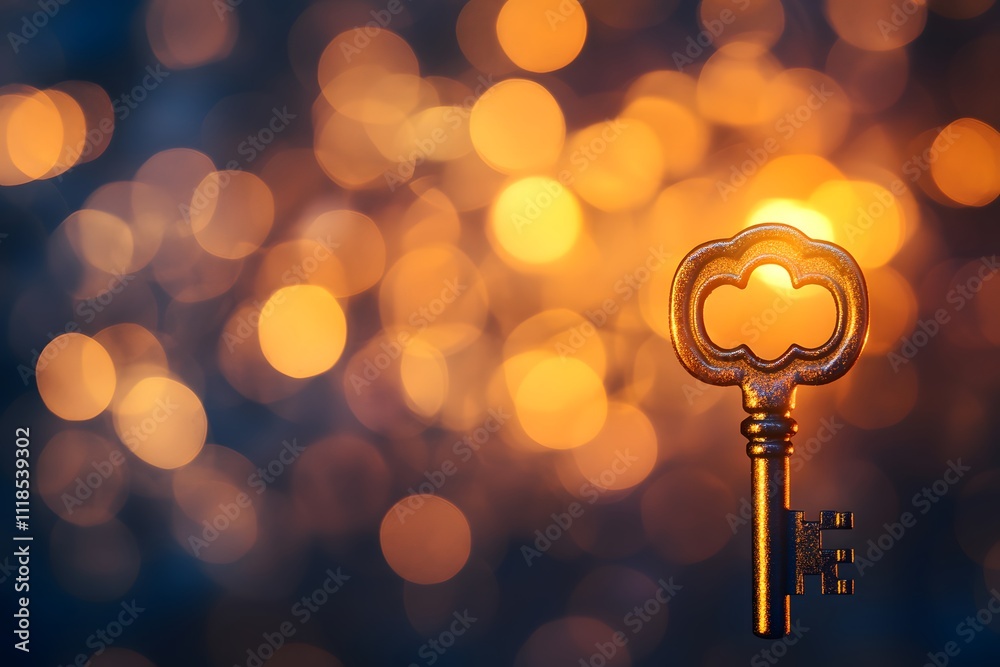 Poster vintage key silhouette against a backdrop of warm glowing bokeh lights, creating an enchanting atmos