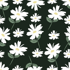 Cute floral pattern in the small chamomile flowers. Seamless vector texture. Naive template for fashion prints. Printing with small daisy flowers. Black background. Stock print.