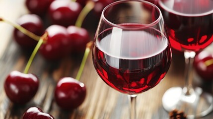 Two glasses of red wine beside fresh cherries on a wooden table.