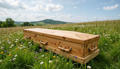 Wooden coffin placed in a flower-filled meadow under a blue sky