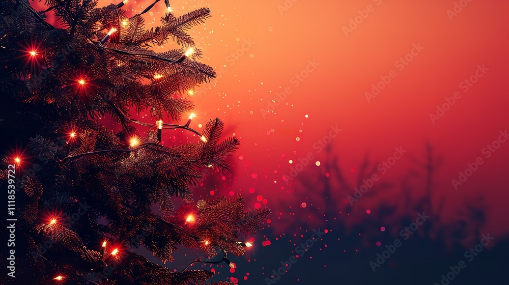 Aufkleber A close-up graphic of the fir tree and strings of lights in the background on a red background having enough of content area for backdrop usage, Generative AI.