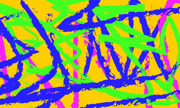 graffiti backround, cartoon-inspired abstract brush paint design featuring magenta, green, and blue strokes on a vibrant orange background. Ideal for creative projects and modern, fun spaces. 
