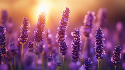 Sunset lavender field, close-up view of purple flowers.