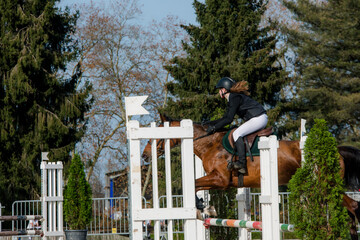 Beautiful young rider on her mare with her protective vest during a show jumping competition