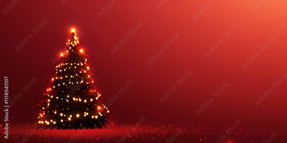 Aufkleber A close-up graphic of the fir tree and strings of lights in the background on a red background having enough of content area for backdrop usage, Generative AI.