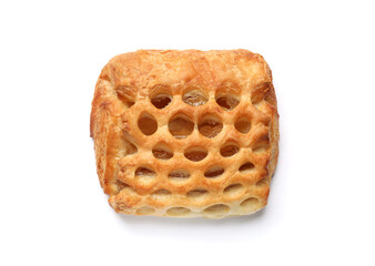 One delicious puff pastry with fruit filling isolated on white, top view