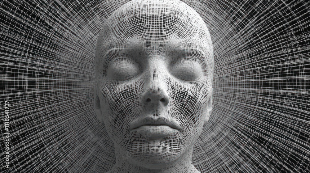 Poster a stylized depiction of a human face surrounded by intricate lines, symbolizing thought and awarenes