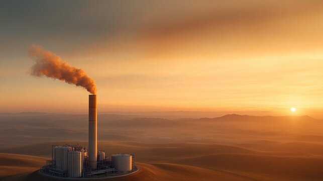 Vibrant sunset over Alberta oil refinery illuminating distillation columns and storage tanks against the expansive plains