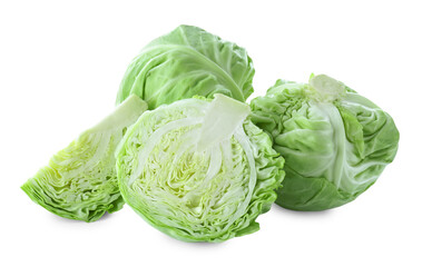 Whole and cut cabbages isolated on white