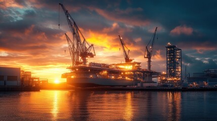 Obraz premium Sunset over shipyard with large vessel and cranes.