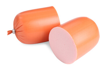 Cut tasty boiled sausage isolated on white