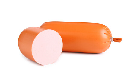 Whole and cut boiled sausage isolated on white