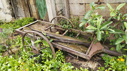 ancient wooden and iron cart that was used to transport the harvest, or jugs of water, which was...