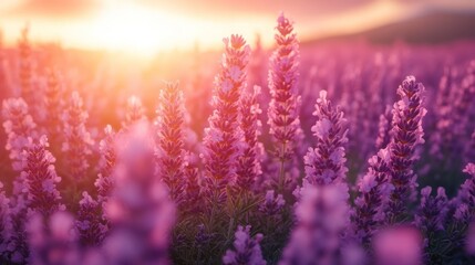 Naklejka premium Sunset over a vibrant lavender field.