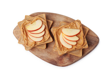 Tasty sandwiches with peanut butter and apple isolated on white, top view