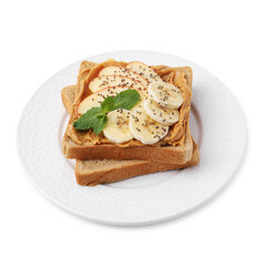 Tasty sandwich with peanut butter, apple, banana, chia seeds and mint isolated on white