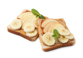 Tasty sandwiches with peanut butter, apple, banana and mint isolated on white