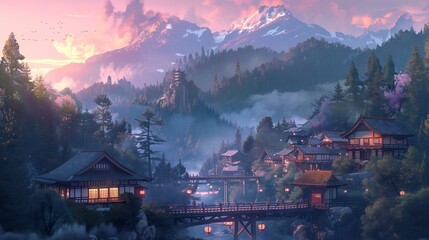 Obraz premium Tranquil Japanese Village at Sunset, Misty Mountains and Cherry Blossoms