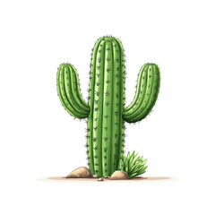 tall green cactus with multiple arms, surrounded by rocks and small plants, showcasing vibrant desert scene