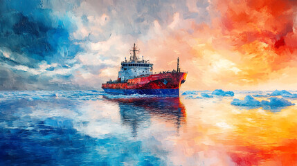 Naklejka premium polar research ship navigating through icy waters on the ocean, navigating through a stunning Antarctic ocean landscape, Ship in ocean near glacier, Icebreaker ship in the North Sea.