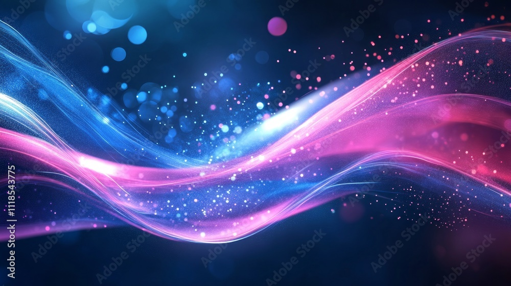 Poster surges of luminous waves intertwine with brilliant hues of blue and pink, creating a mesmerizing dis
